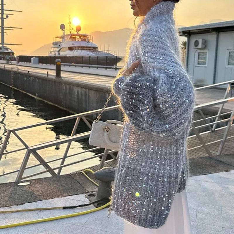 Knitted sweater jacket with solid sequins